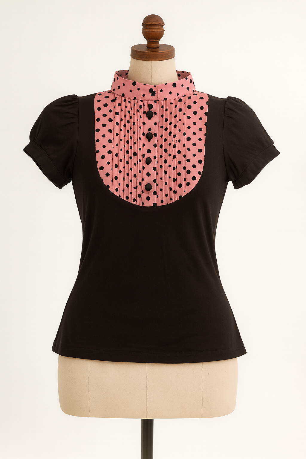 short-sleeve pink and black polka-dot 1 piece collared blouse