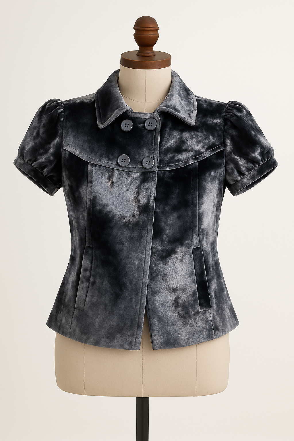 short-sleeve buttoned blue-velvet jacket