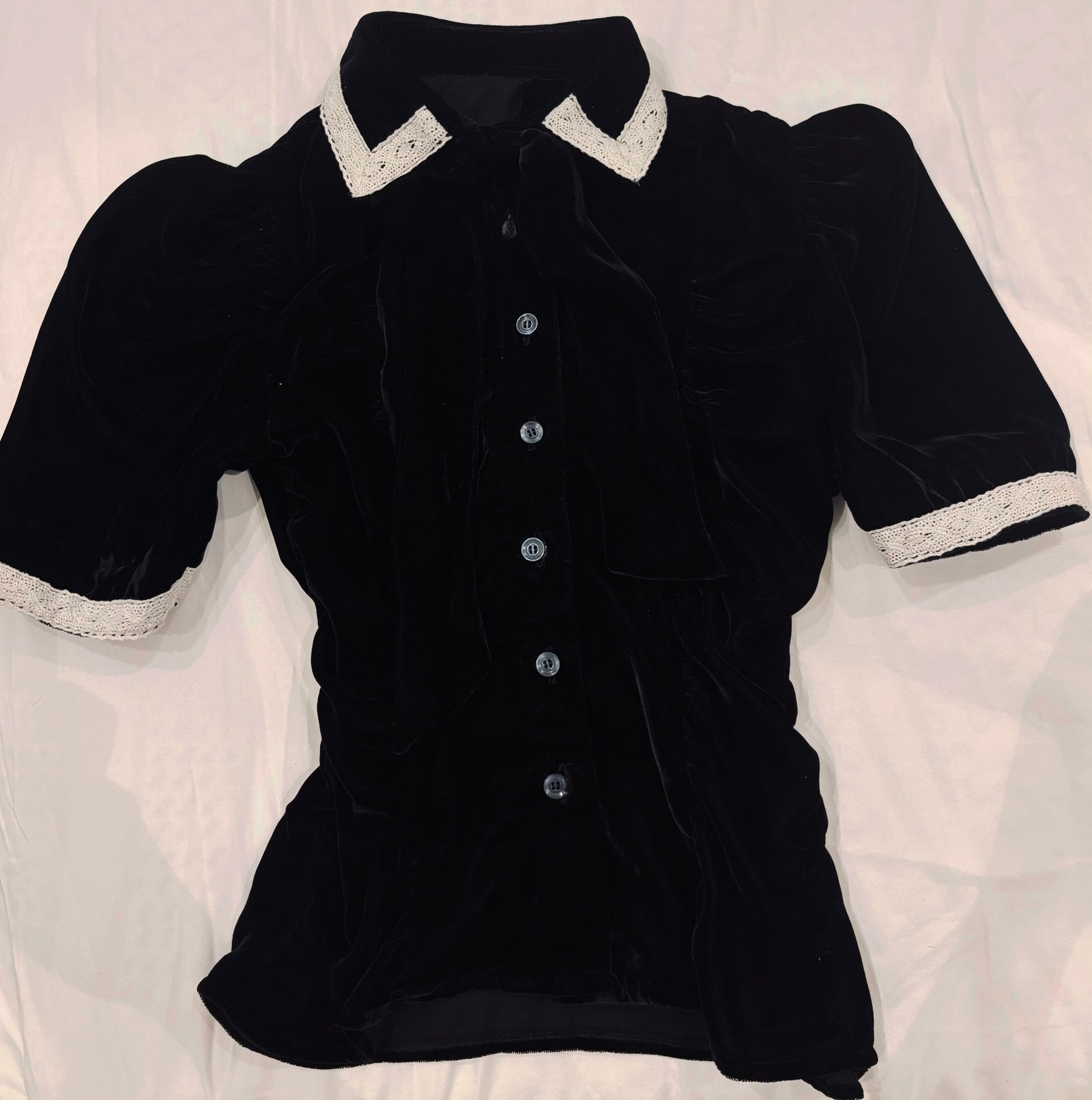 black velvet blouse with lace collar
