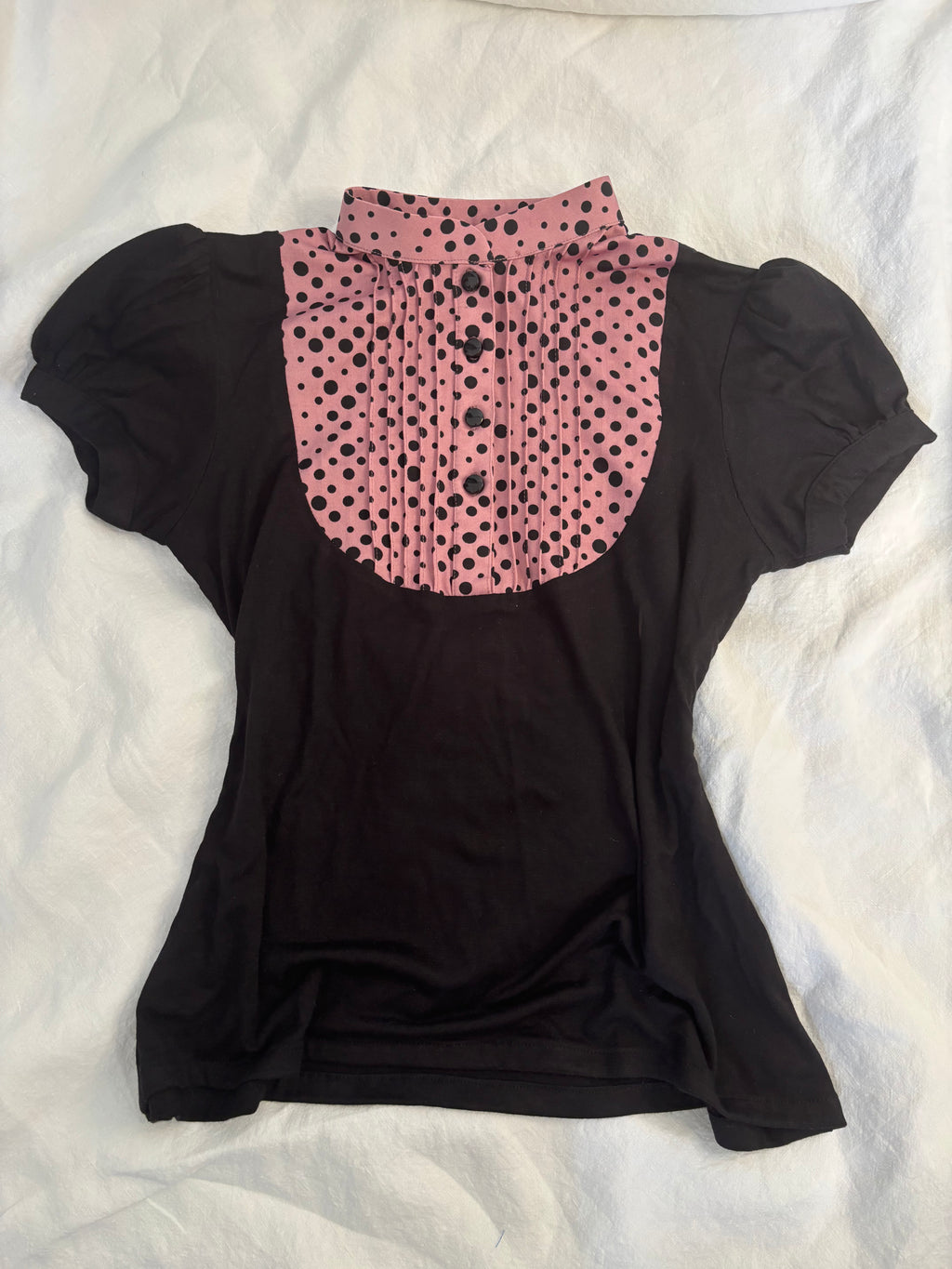 short-sleeve pink and black polka-dot 1 piece collared blouse