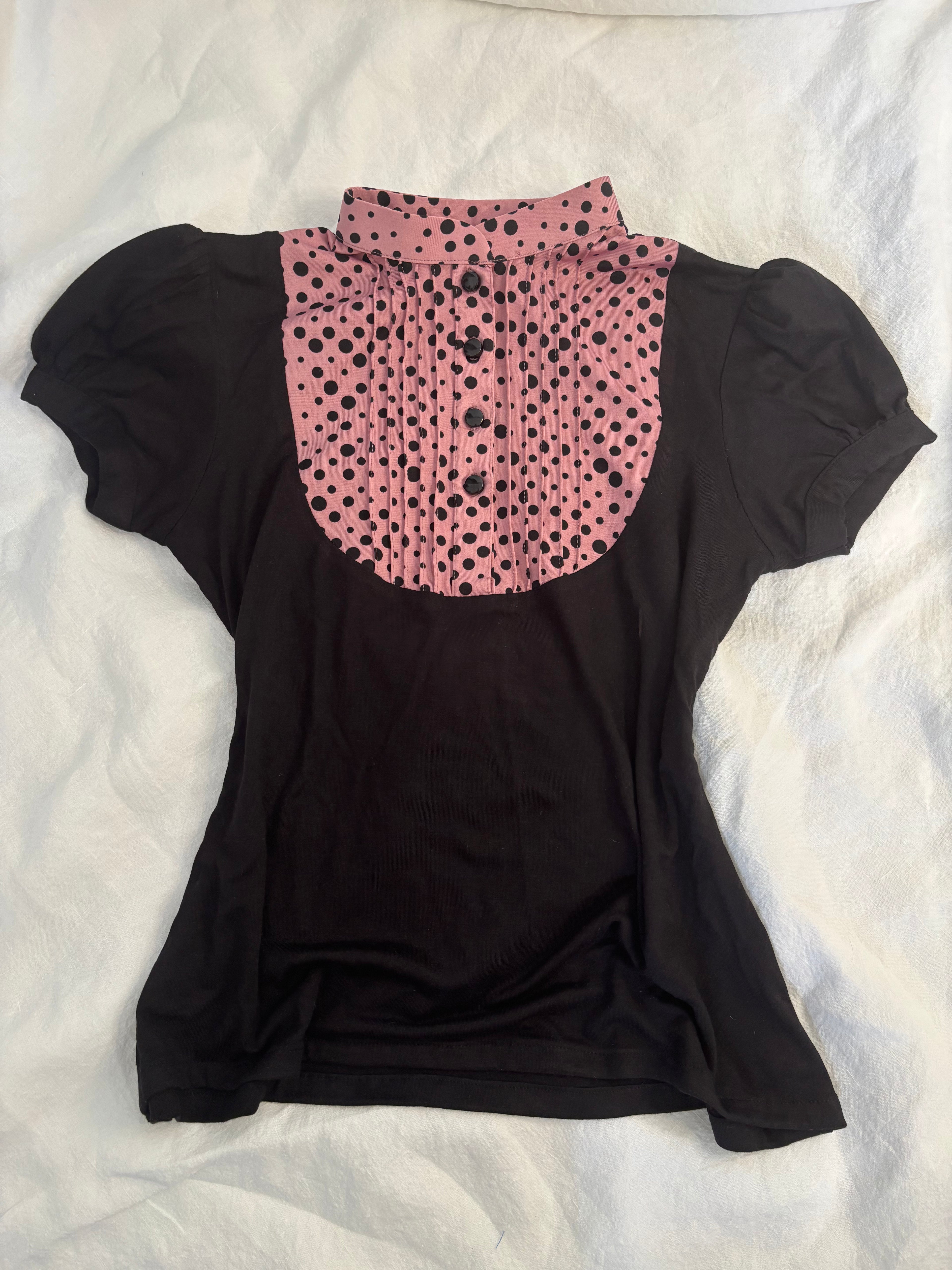 short-sleeve pink and black polka-dot 1 piece collared blouse